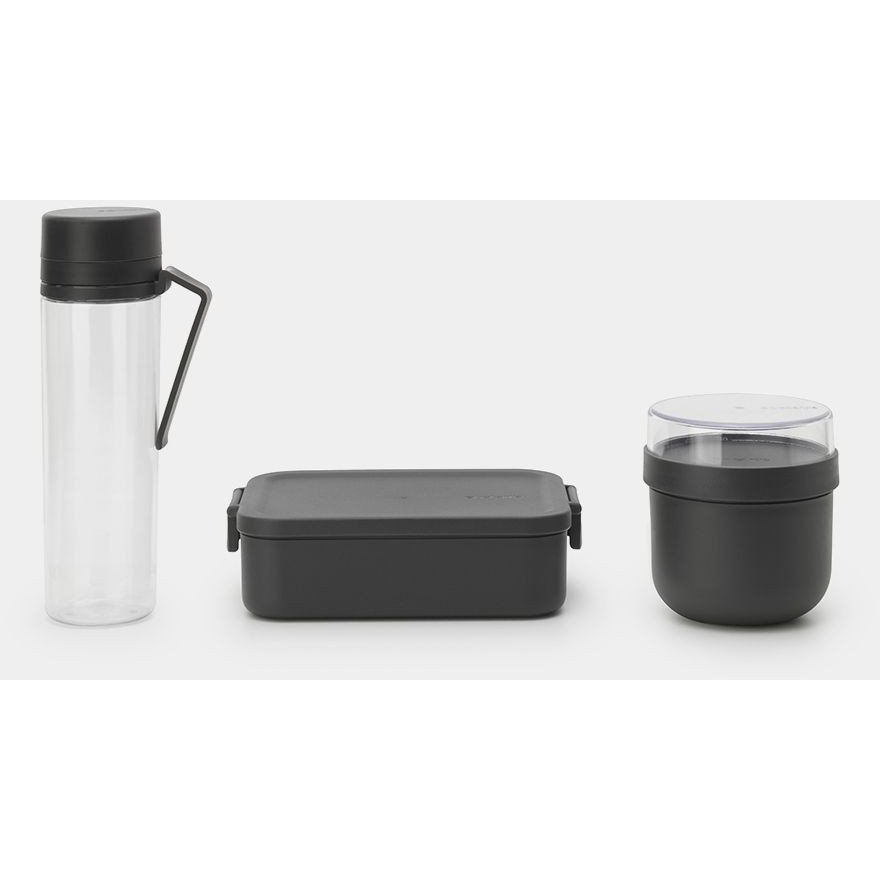 Brabantia Make & Take Breakfast and Lunch Set 3db-os szett, vizes palack + reggeliző tál + közepes méretű ételhordozó doboz, BPA mentes műanyag, sötétszürke - 206740 (206740)