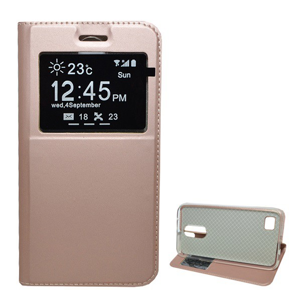 Tok álló, bőr hatású (FLIP, oldalra nyíló, asztali tartó funkció, hívószámkijelzés, Window) ROZÉARANY [LG K10 (2017) M250n] (5996457699810)