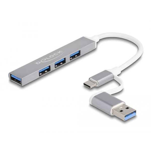 Delock 4 portos vékony USB Hub USB Type-C  vagy USB A-típusú - 3 x USB 2.0 Type-A csatlakozóhüvely + 1 x USB 5 Gbps Type-A csatlakozóhüvely