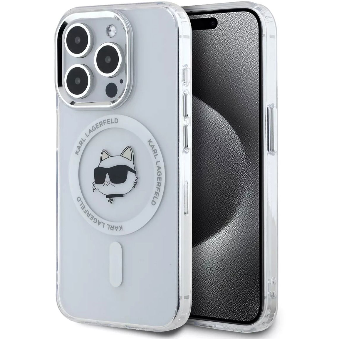 Karl Lagerfeld IML Choupette Head Metal Frame MagSafe iPhone 15 Pro átlátszó tok (KLHMP15LHLSCHH)