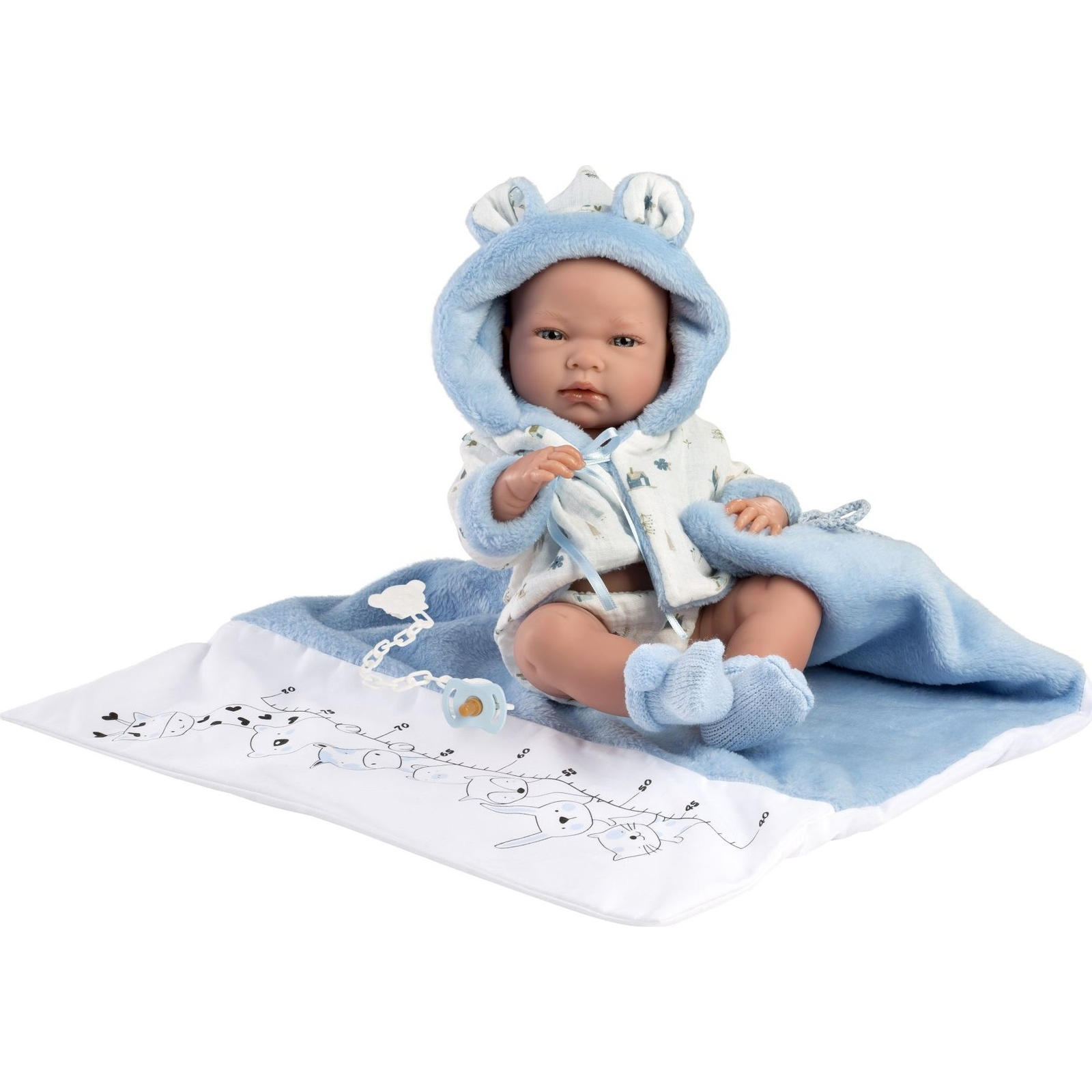 Llorens: Nico 40cm-es újszülött fiú baba kék pelenkázóval, cumival (588429)