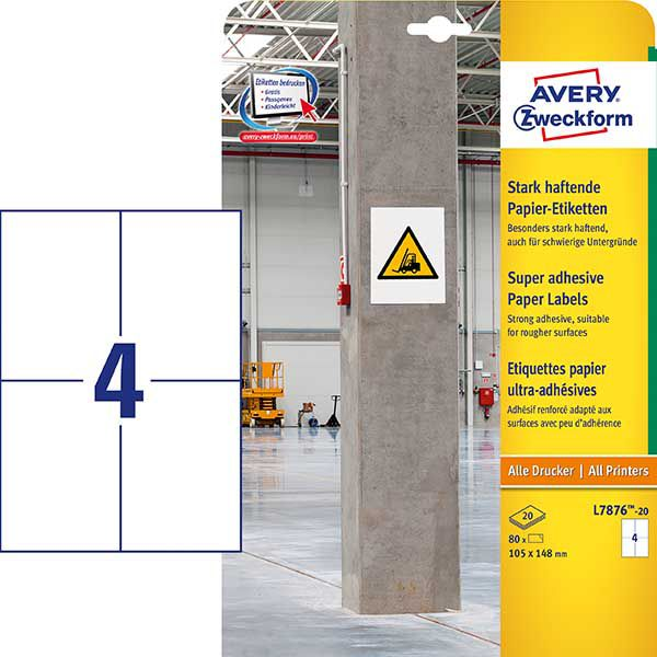 Avery-Zweckform L7876-20 Erős ragasztó címkék 105 x 148 mm Papír Fehér 80 db Véglegesen tapadó, Erősen tapadó Tintasugaras nyomtató, Lézernyomtató, (L7876-20)