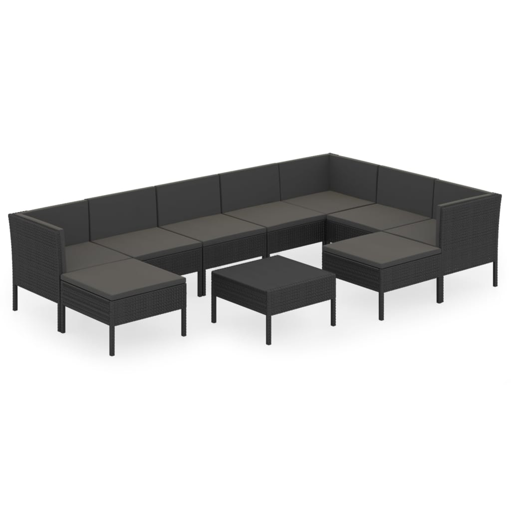 10 részes fekete polyrattan kerti ülőgarnitúra párnákkal (3094437)