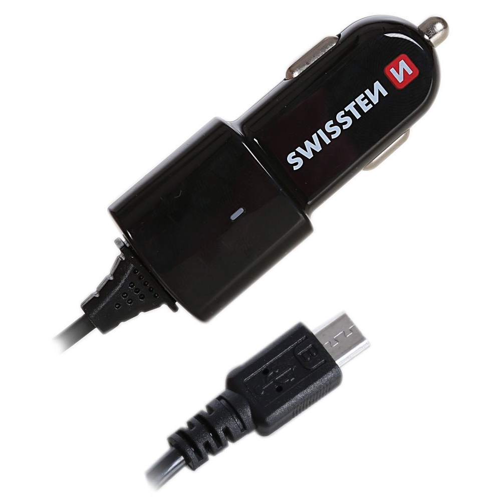 Swissten 20111100 MicroUSB Kábeles Szivargyújtós Autós Töltő - Fekete (20111100)