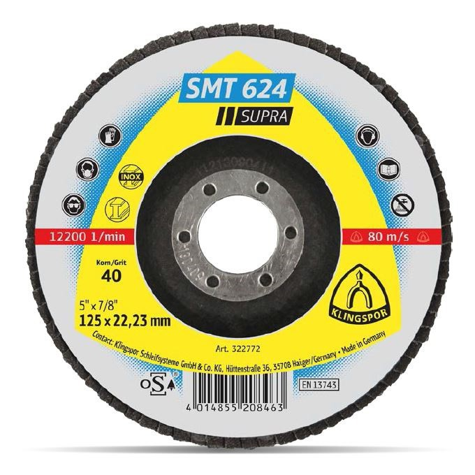 Klingspor 322775 SMT 624 Supra Felületcsiszoló korong Ø 125 mm Furat átmérő 22.23 mm INOX, Acél 10 db (PA9 80 125)