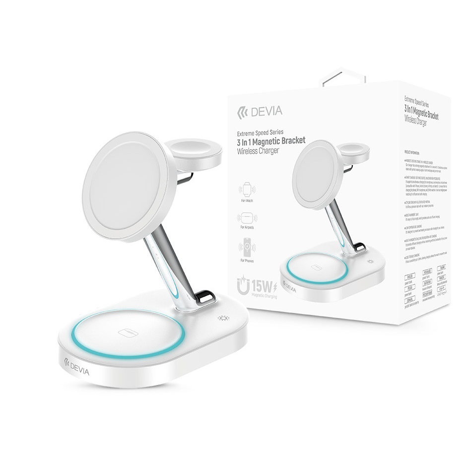 Devia Extreme Speed Series 15W Qi 3 In 1 vezeték nélküli töltő Smartphone/iWatch/Airpods - fehér (ST111844)