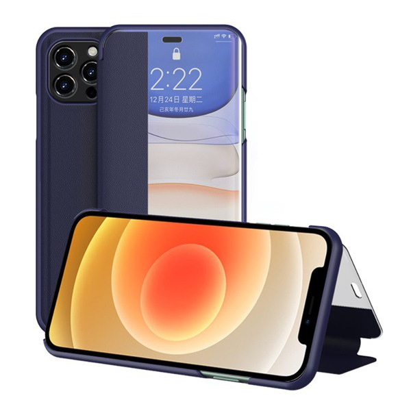 Tok álló, bőr hatású (FLIP, oldalra nyíló, asztali tartó funkció, hívószámkijelzés, View Window) SÖTÉTKÉK [Apple iPhone 12 Pro Max] (5996591012865)