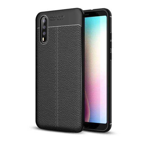 Szilikon telefonvédő (közepesen ütésálló, bőr hatású, varrás minta) FEKETE [Huawei P20] (5996457758715)