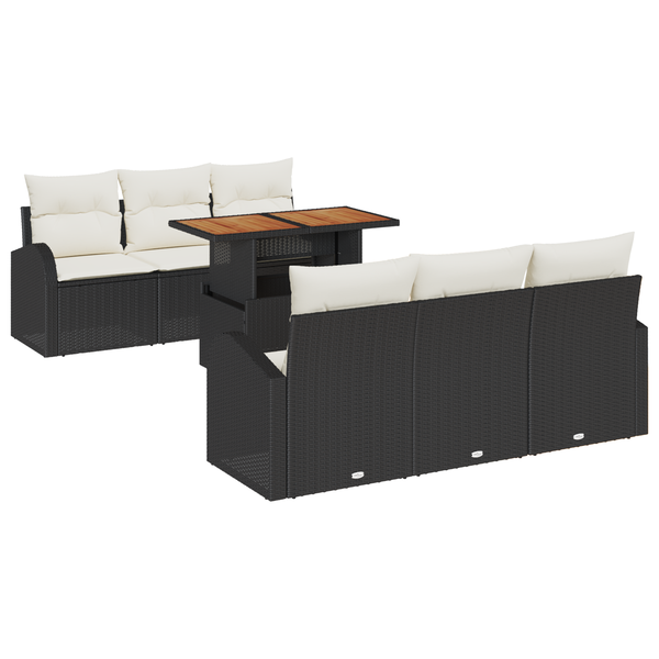 Set de Masă pentru Grădină cu perne Negre din Poliratan Acacia de 7 Piese