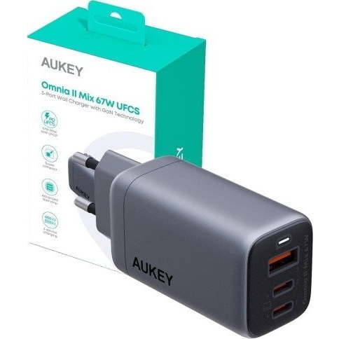 Wall charger Aukey PA-B6U, 1xUSB-A, 2xUSB-C, 67W (gray) (PA-B6U Black)