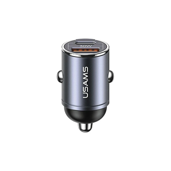 USAMS autós töltő 1xUSB+1xUSB-C C38 30WPD gyors töltés beépített gyűrűvel acél/patinált