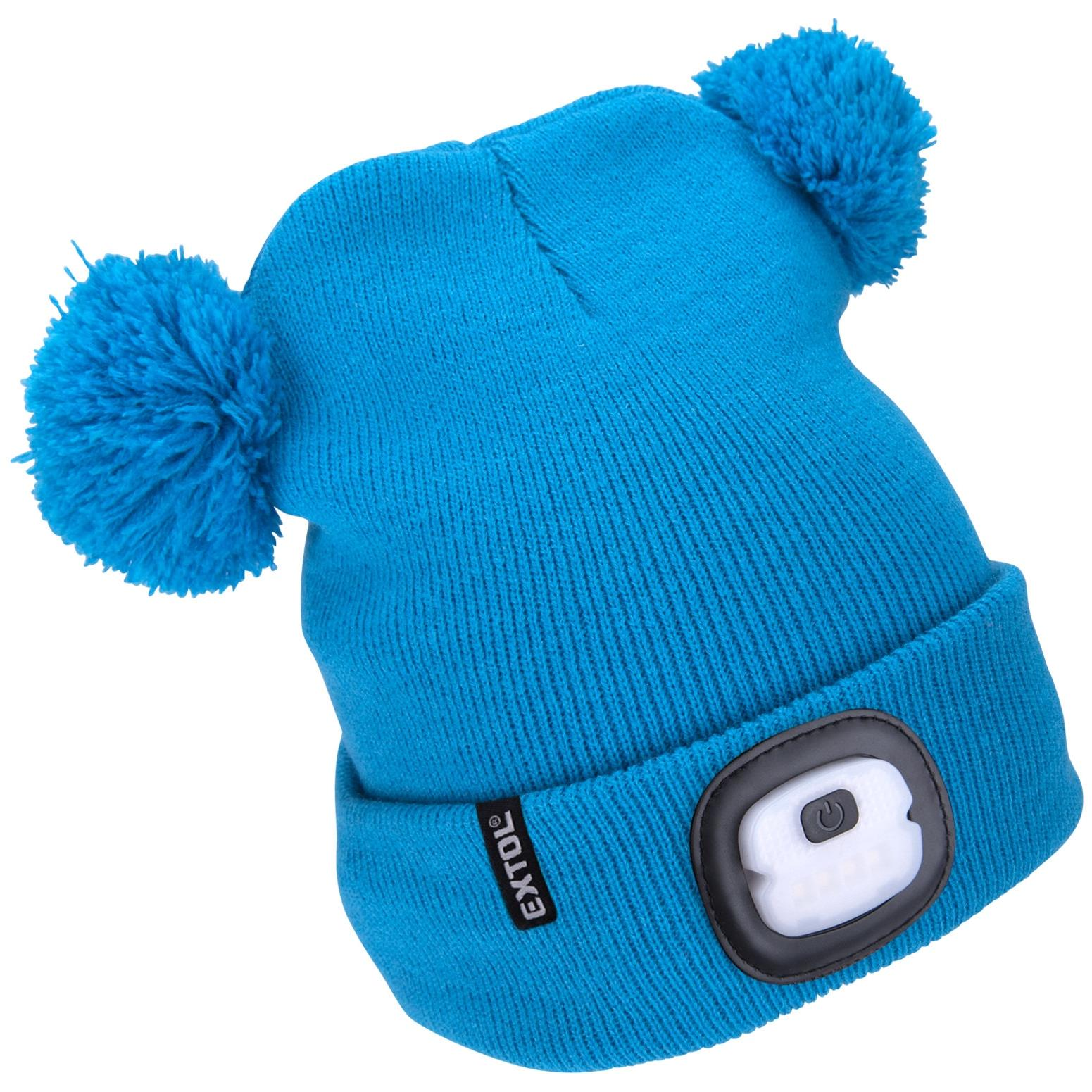 EXTOL LIGHT Gyerek pomponos sapka fejlámpával, 4 × 25 lm, kék (43459)