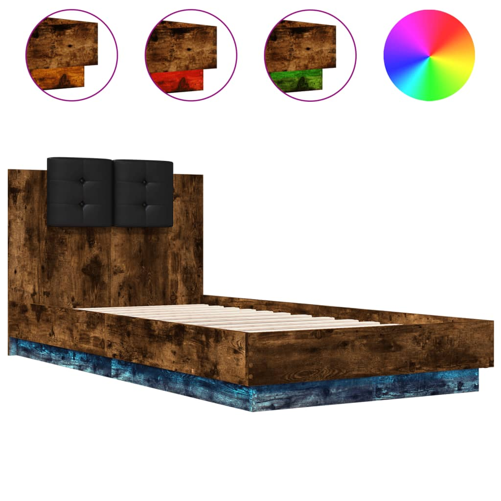 füstös tölgy színű ágykeret fejtámlával és LED-ekkel 90x190 cm (3210063)