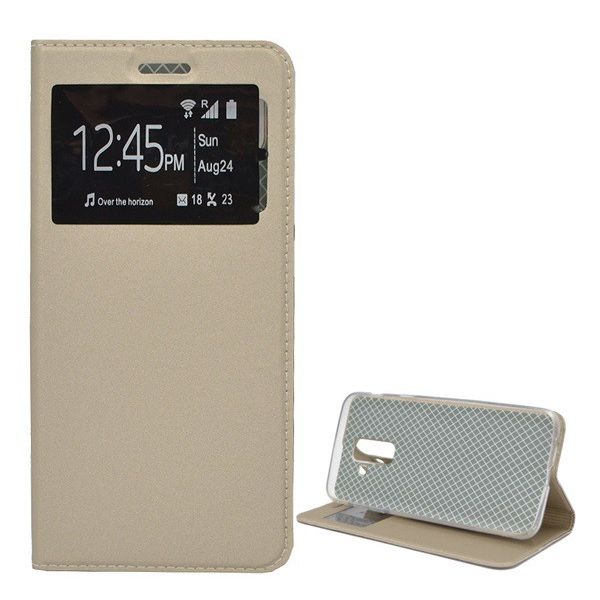 Tok álló, bőr hatású (FLIP, oldalra nyíló, asztali tartó funkció, View Window) ARANY [Samsung Galaxy A6+ (2018) SM-A605F] (5996457787111)