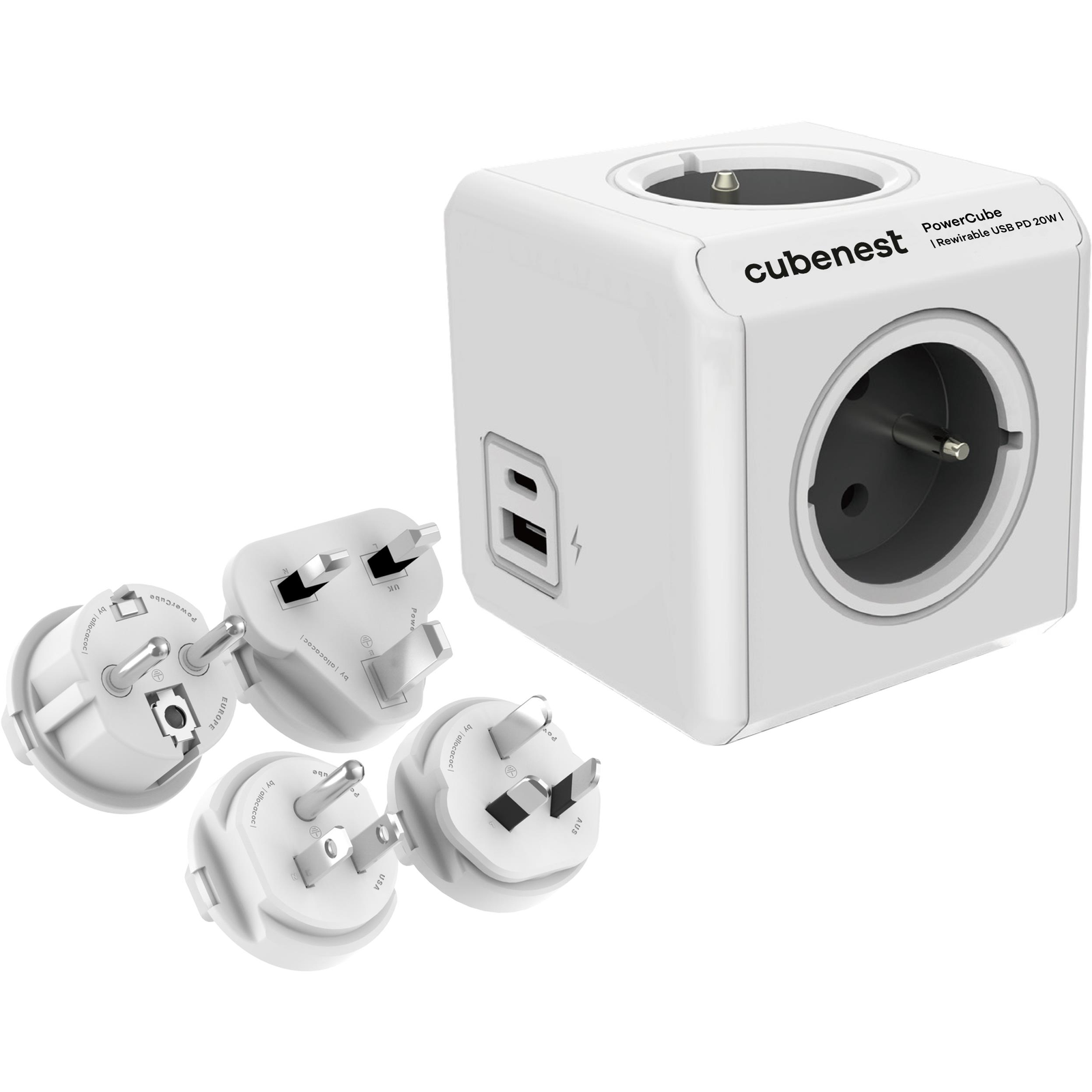 Cubenest Powercube ReWirable utazó adapter 4x aljzat 1x USB-A 1x USB-C fehér-szürke (6974699971153) (6974699971153)