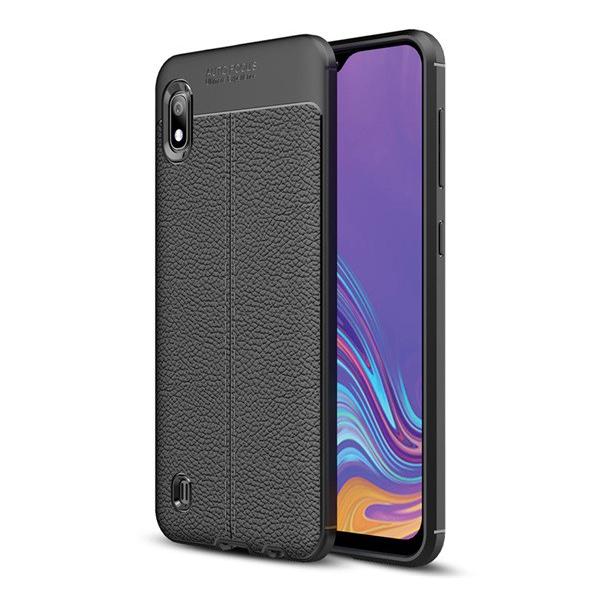 Szilikon telefonvédő (közepesen ütésálló, bőr hatású, varrás minta) FEKETE [Samsung Galaxy A10 (SM-A105F)] (5996457868179)