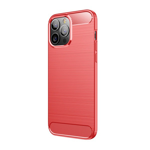 Szilikon telefonvédő (közepesen ütésálló, légpárnás sarok, szálcsiszolt, karbon minta) PIROS [Apple iPhone 13 Pro Max] (5996591098302)
