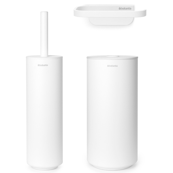 Brabantia MindSet 3db-os WC pipere csomag, sörtés fejű WC-kefe, WC-papír és tartalék WC-papír tartó, acél, szikrázó fehér ásványi textúra - 303920