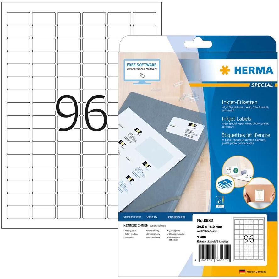 HERMA Inkjet-Etiketten A4 weiß 30,5x16,9 mm Papier 2400 St. (8832) (8832)