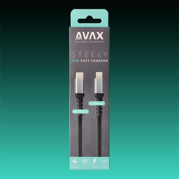 AVAX Töltőkábel, USB-C - Lightning, 3A, 1,5 méter, acélszürke