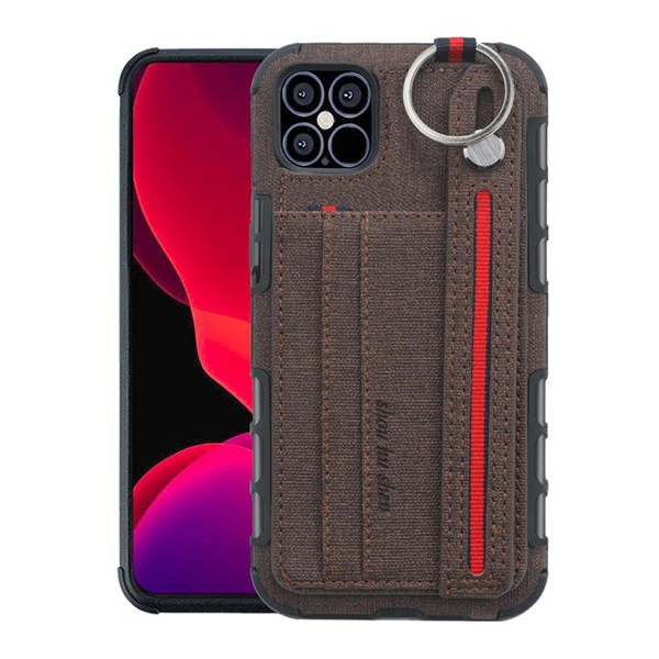 Szilikon telefonvédő (közepesen ütésálló, asztali tartó funkció, bankkártya tartó, textil hátlap + kézpánt) BARNA [Apple iPhone 12 mini] (5996591002668)