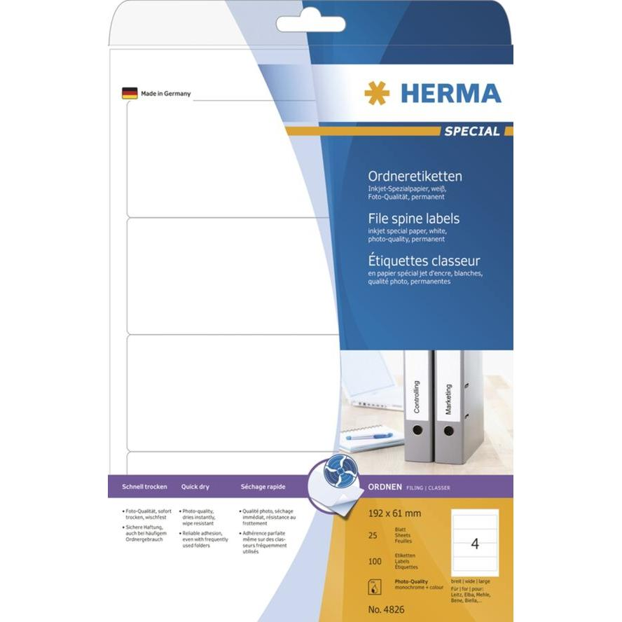 HERMA Inkjet Ordneretik. A4 weiß 192x61 mm Papier 100 St. (4826) (4826)