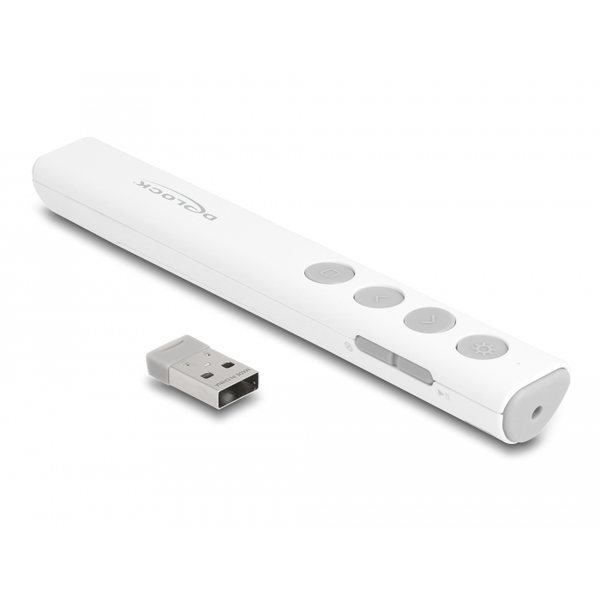 Дистанционно управление за презентации с вградена лазерна показалка, Delock, Обхват на действие 30 м, Бяло / Сиво