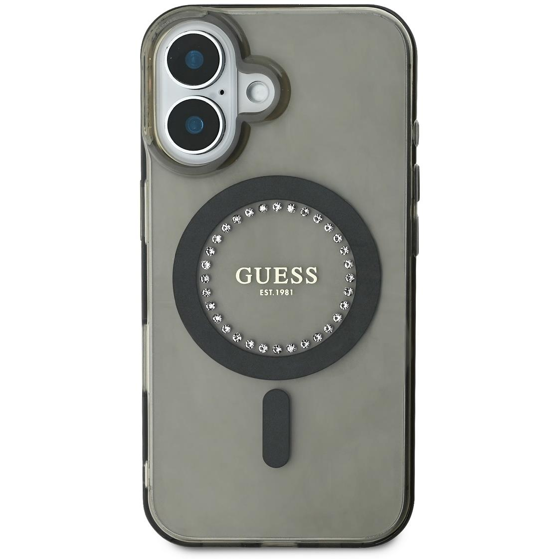 Guess IML Rhinestones Ring MagSafe iPhone 16 Black tok (GUHMP16SPFTDTEK)