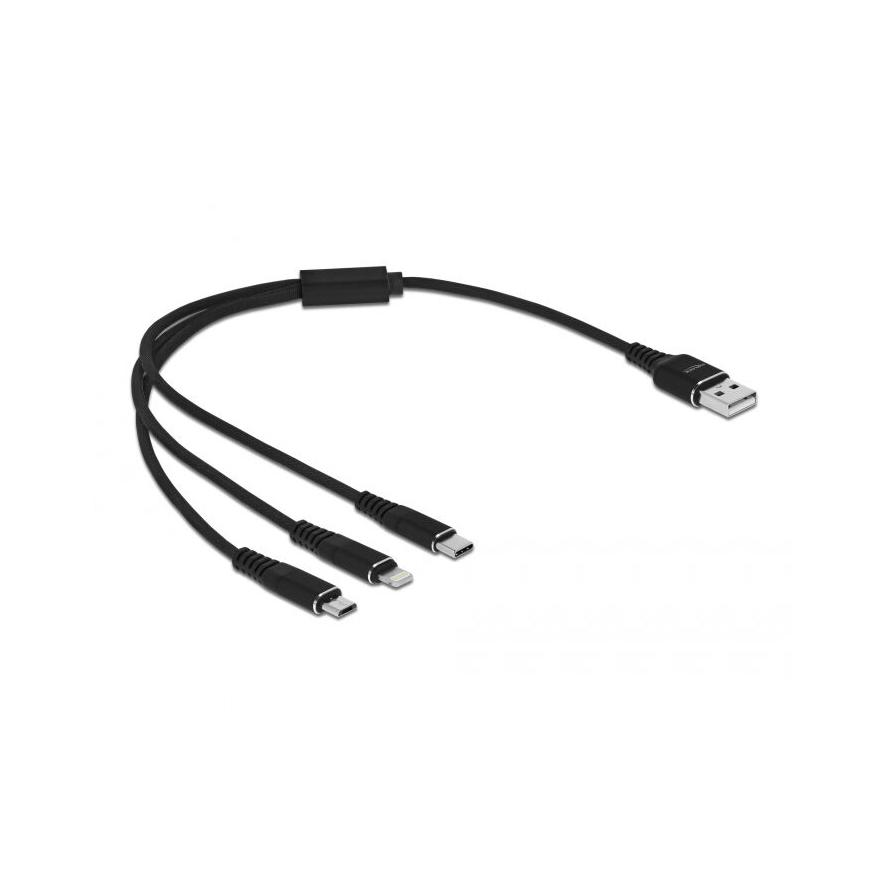 Delock 87152 3in1 USB-A apa - MicroUSB/USB-C/Lightning apa 2.0 Adat és töltőkábel - Fekete (0.3m) (87152)