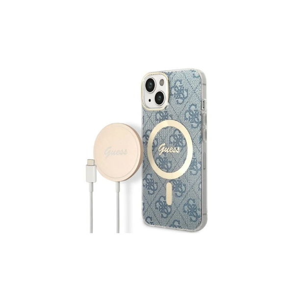 Guess Set GUBPP14SH4EACSB kemény tok+töltő iPhone 14/15/13 6,1 készülékhez 4G Print kék