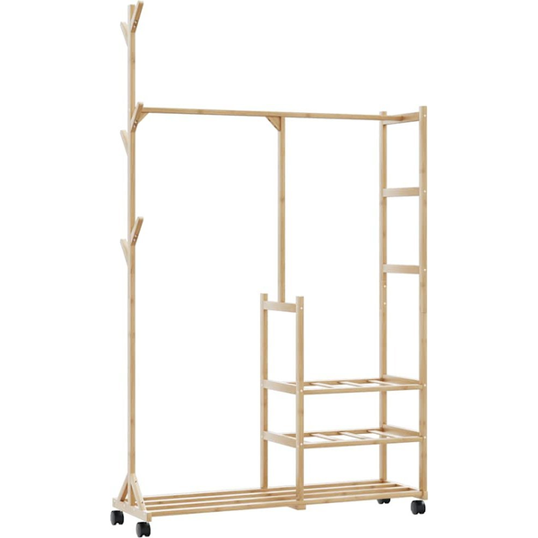 bambusz ruhaállvány polcokkal és kerekekkel 100x38x175,5 cm