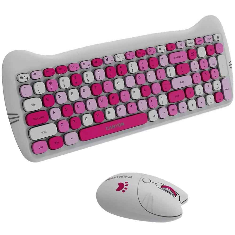 CANYON HSET-W6 EN/HU Keyboard+Mouse Kitty Edition AAA+АА Wireless Pink (CNS-HSETW6PK-HU)