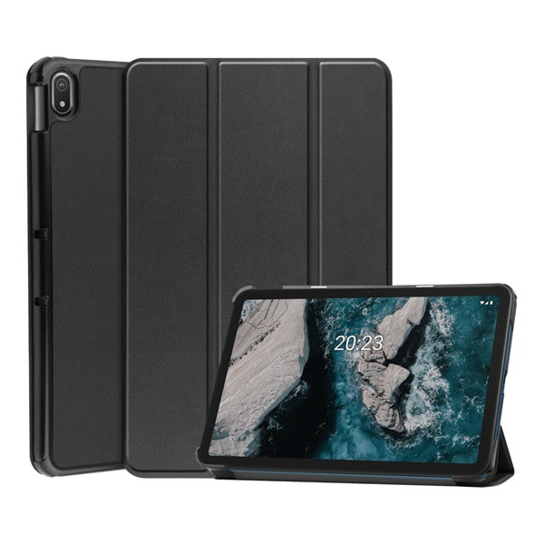 Tok álló, bőr hatású (aktív FLIP, oldalra nyíló, TRIFOLD asztali tartó funkció) FEKETE [Nokia T20 LTE]