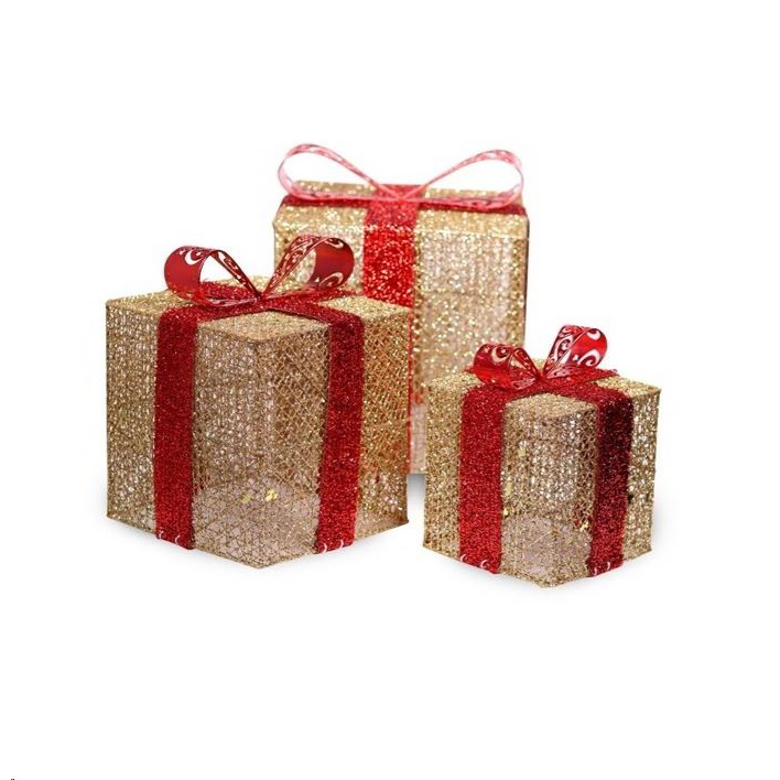 IRIS Doboz alakú /1db 20cm, 1db 25cm, 1db 30cm/ arany-piros fémdoboz műanyag masnival dekor szett (011-01) (011-01)