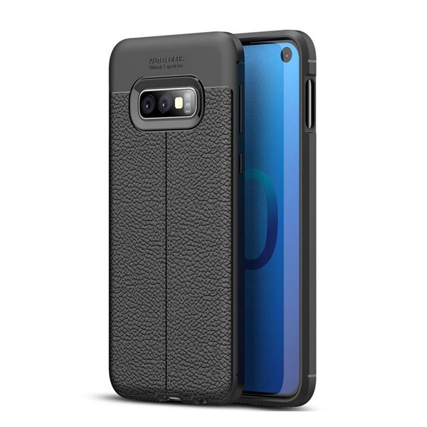Szilikon telefonvédő (közepesen ütésálló, bőr hatású, varrás minta) FEKETE [Samsung Galaxy S10e (SM-G970)] (5996457847884)