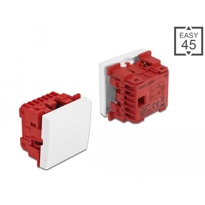Delock 81360 Easy 45 egyes kapcsoló kétpóluső egyirányú 45x45 mm - Fehér/Piros (81360)