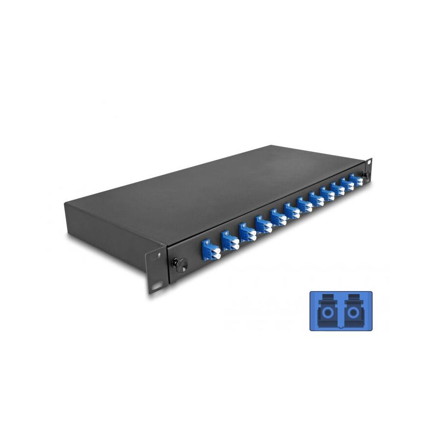 Delock 19 optikai szálösszefűző doboz 12 db. LC Duplex OS2 1U teljes elrendezés kész az összefűzésre (67003) (67003)