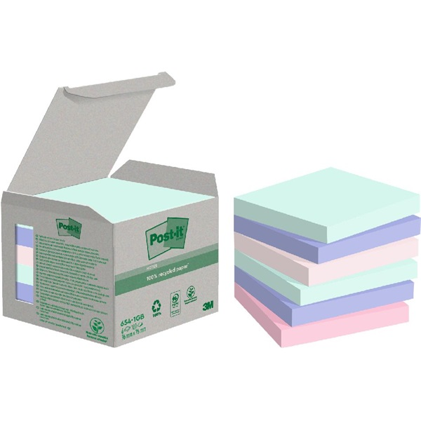 3M Post-it 76x76mm Újrahasznosított Öntapadó jegyzettömb - Vegyes színek (6x 100 lap/tömb) (7100259123)