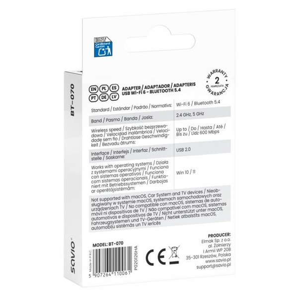 Savio BT-070 Wi-Fi 6 & Bluetooth adapter Black