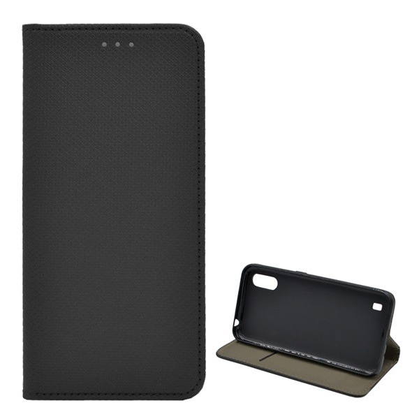 Husa pentru telefon in picioare, efect piele (FLIP, deschidere laterala, functie suport pentru masa, model romb) Negru [Samsung Galaxy A01 (SM-A015F)]