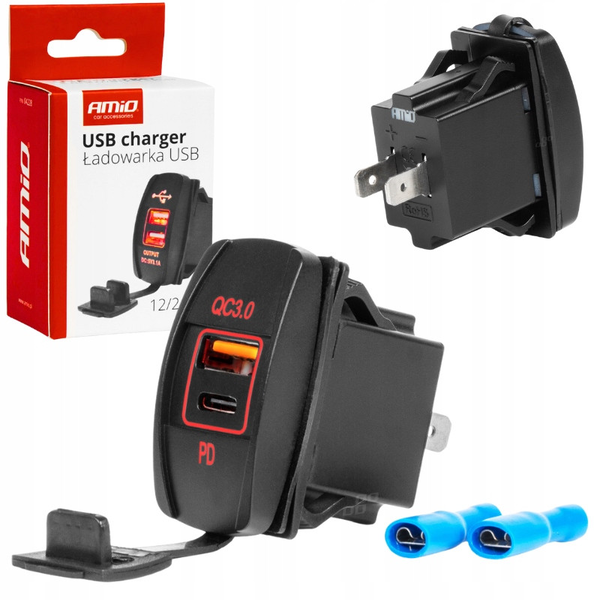 AMiO , Usb és Usb-C Aljzat, Beépíthető, Vízálló, 12/24V (0504229)