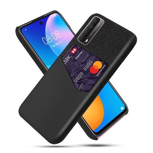 Műanyag telefonvédő (közepesen ütésálló, bankkártya tartó, textil bevonat, bőr hatású hátlap) FEKETE [Huawei P Smart (2021)] (5996591023502)