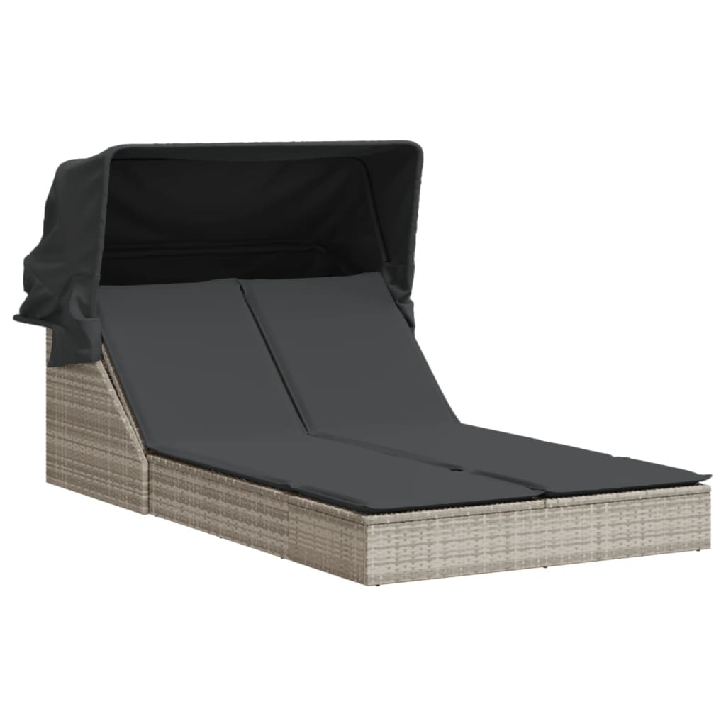 világosszürke polyrattan dupla napozóágy tetővel és párnával (368642)