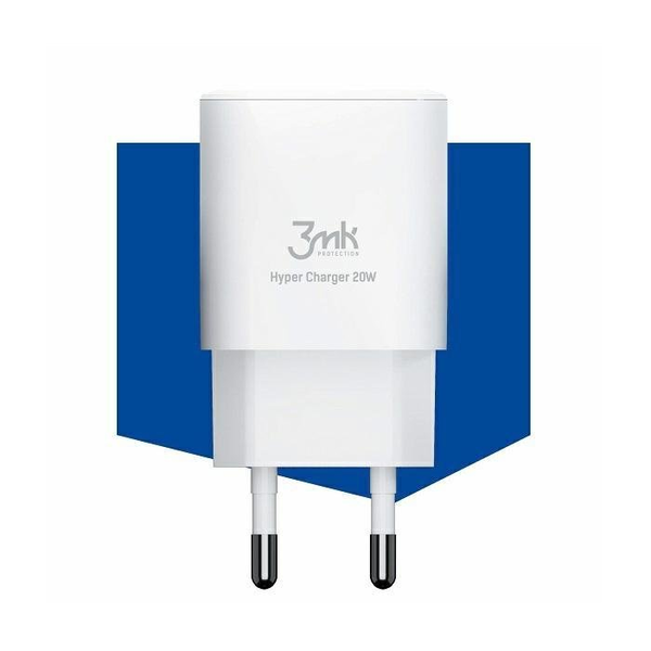 Мрежово зарядно устройство 3MK, HyperCharger, бързо зареждане, 20 W, 1 X USB - 1 X USB Type-C, бяло