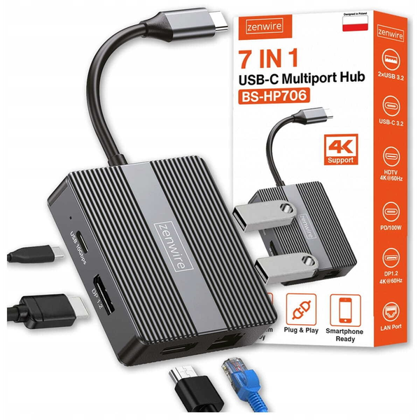 Zenwire BS-HP706 USB-C 7v1 hub adapter (HDMI+DP 4K 60Hz, 100W PD, 2x USB-A/USB-C 10Gbps, Gigabit LAN RJ45)