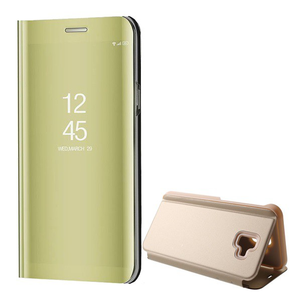 Carcasa stand-up (FLIP activ, deschidere laterala, functie de suport pentru birou, suprafata oglinda, husa Mirror View) GOLD [Samsung Galaxy J6 Plus (SM-J610F)] (5996457824458)