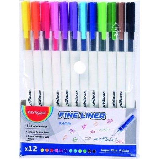 Keyroad Fine Liner Tűfilc, Rostirón Készlet - 0.4 mm, 12 db/ doboz, 12 Színben