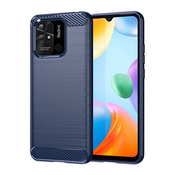 Szilikon telefonvédő (közepesen ütésálló, légpárnás sarok, szálcsiszolt, karbon minta) SÖTÉTKÉK [Xiaomi Redmi 10C] (5996591211602)