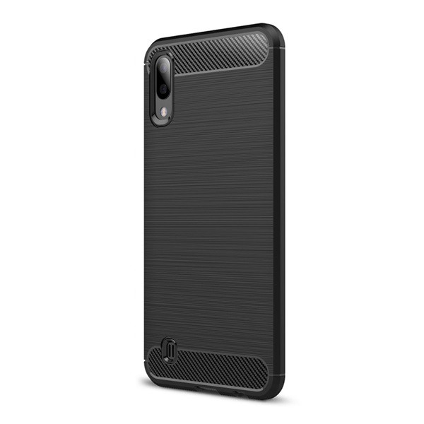 Szilikon telefonvédő (közepesen ütésálló, légpárnás sarok, szálcsiszolt, karbon minta) FEKETE [Samsung Galaxy M10 (SM-M105F)] (5996457873371)