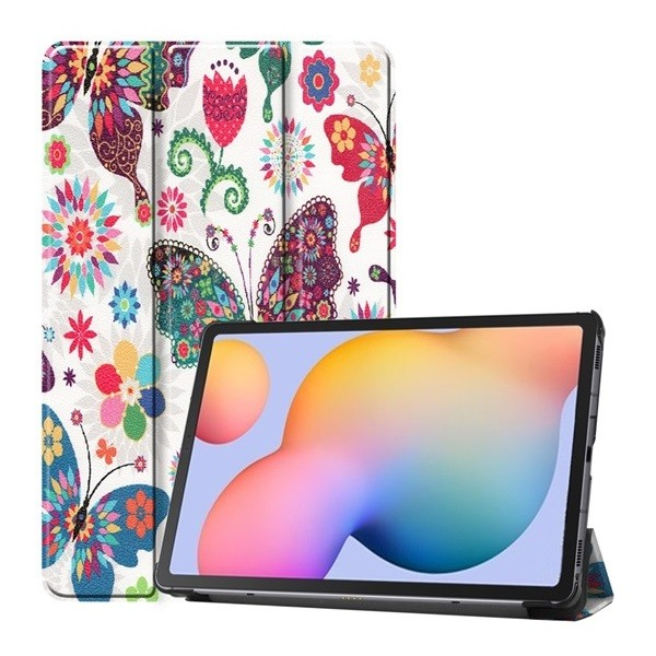 Samsung Galaxy Tab S6 Lite 10.4 (2020 / 2022 / 2024) SM-P610 / P615 / P613 / P619 / P620 / P625, mappa tok, Trifold, színes nagy pillangó minta, fehér (G95750)